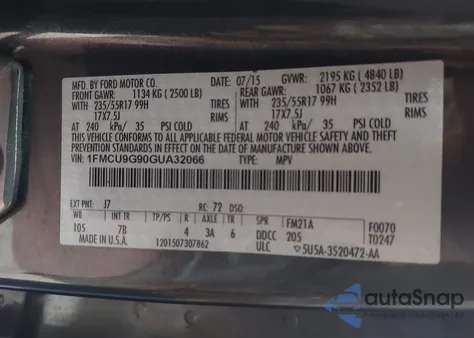 2016 Ford Escape Se из США, поврежденный, VIN 1FMCU9G90GUA32066